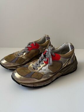 Golden Goose Metallic Gold Sneakers with Red Accents